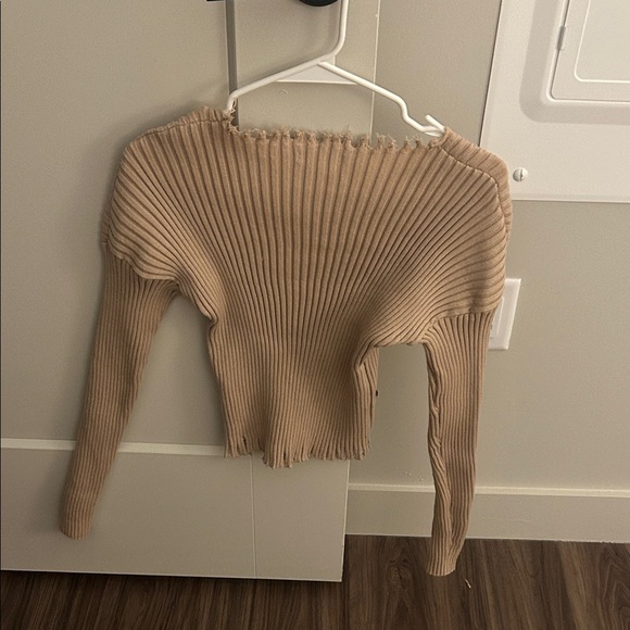 Tan Ribbed Off-Shoulder Sweater - Picture 1 of 2